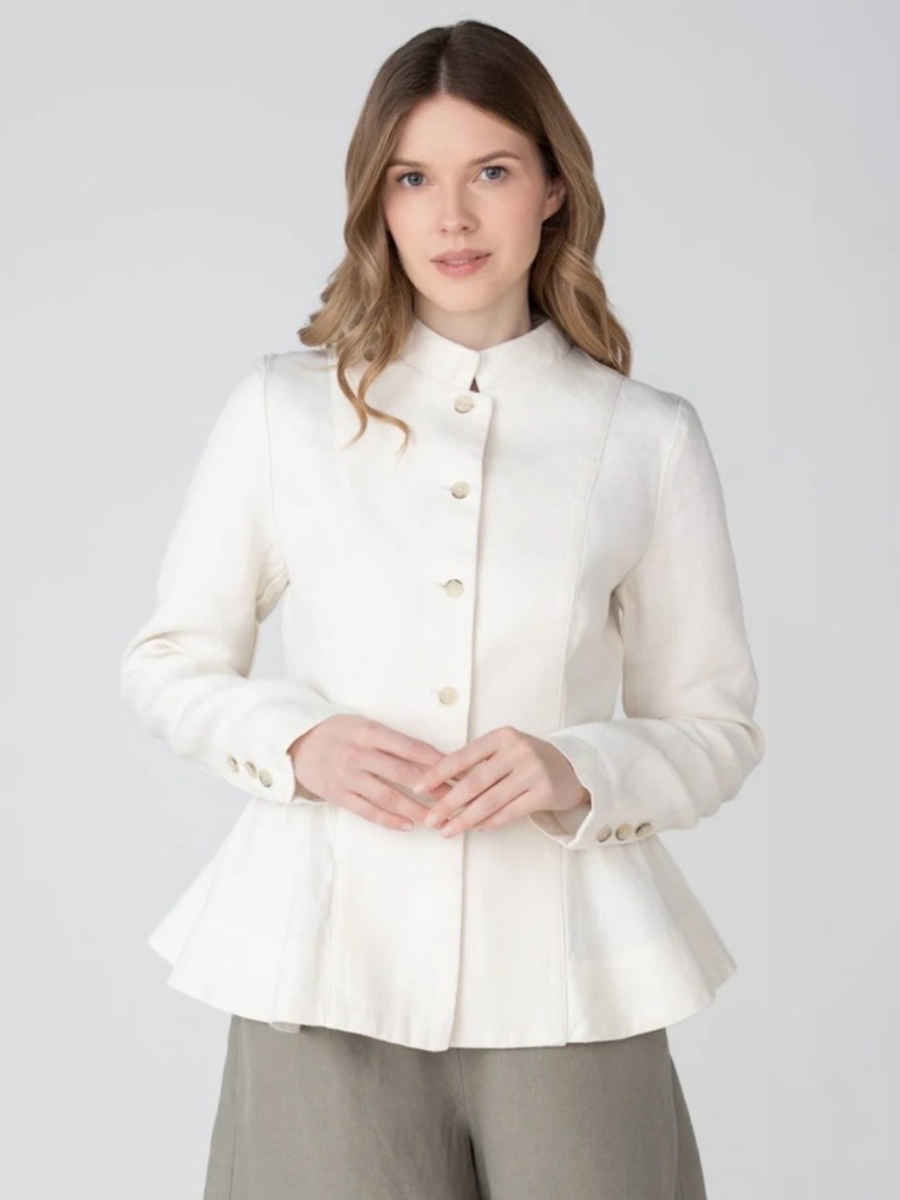 Son de flor Peplum Twill Linen Button up Jacket Size Medium Ivory Excellent